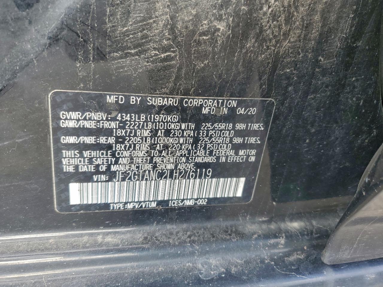 2020 Subaru Crosstrek Limited VIN: JF2GTANC2LH276119 Lot: 94149655