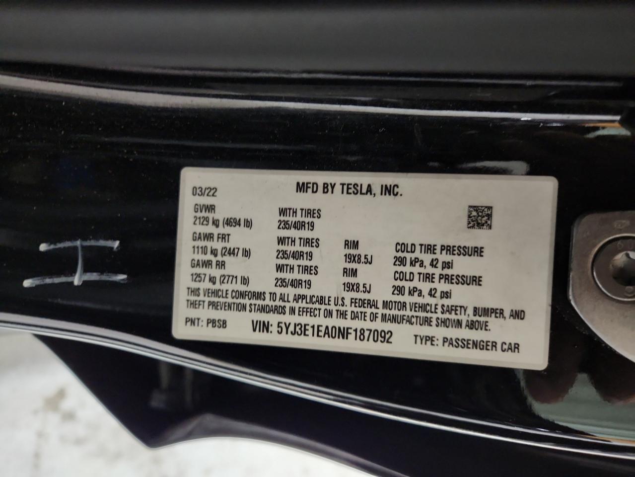 2022 Tesla Model 3 VIN: 5YJ3E1EA0NF187092 Lot: 92130665