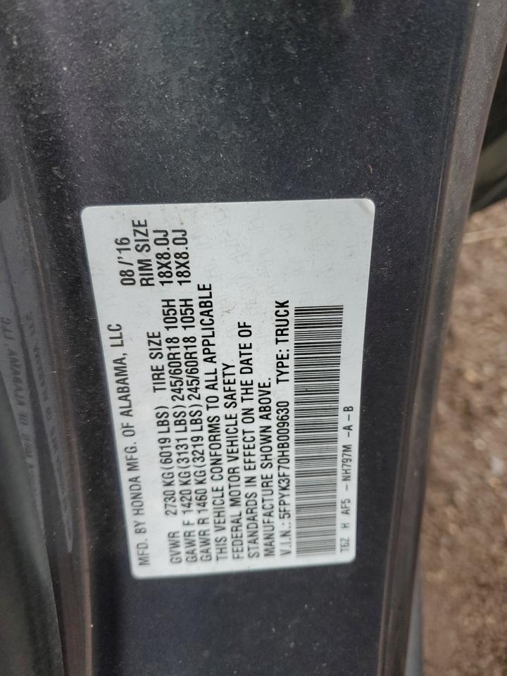 2017 Honda Ridgeline Rtl VIN: 5FPYK3F70HB009630 Lot: 91671575