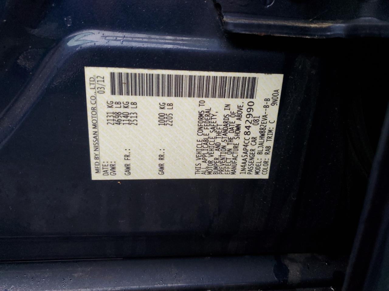 2012 Nissan Maxima S VIN: 1N4AA5AP4CC842990 Lot: 91592905