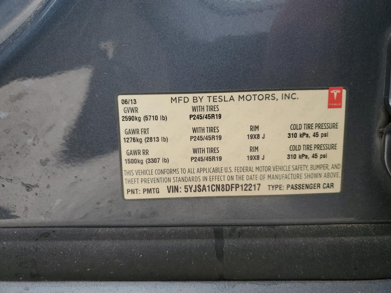 2013 Tesla Model S VIN: 5YJSA1CN8DFP12217 Lot: 93340225