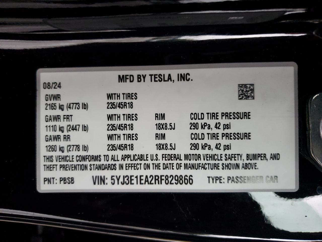 2024 Tesla Model 3 VIN: 5YJ3E1EA2RF829866 Lot: 91743075