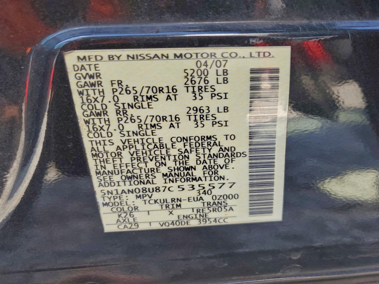 2007 Nissan Xterra Off Road VIN: 5N1AN08U87C535577 Lot: 94218235