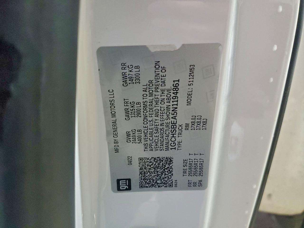 2022 Chevrolet Colorado VIN: 1GCHSBEA5N1194861 Lot: 93185595