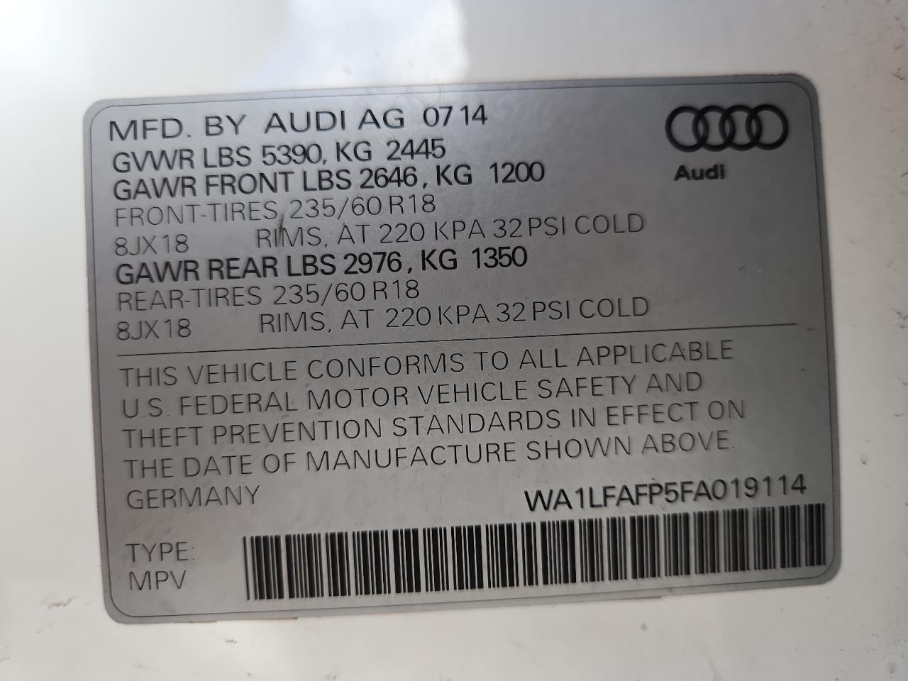 2015 Audi Q5 Premium Plus VIN: WA1LFAFP5FA019114 Lot: 91142595