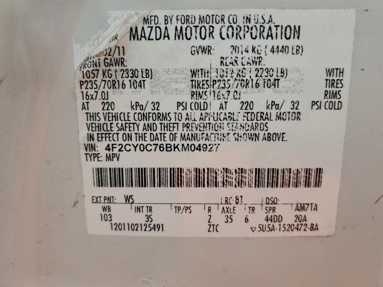 2011 Mazda Tribute I VIN: 4F2CY0C76BKM04927 Lot: 93953985