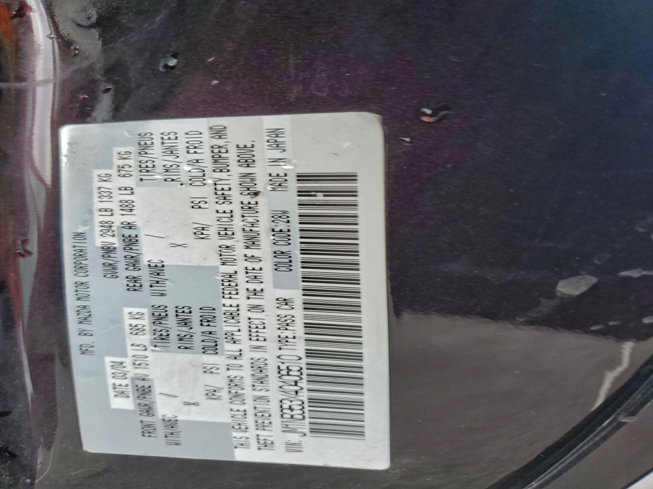 2004 Mazda Mx-5 Miata Base VIN: JM1NB353X40406510 Lot: 94156475