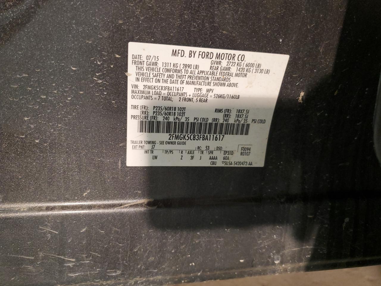 2015 Ford Flex Sel VIN: 2FMGK5C83FBA11617 Lot: 92393735