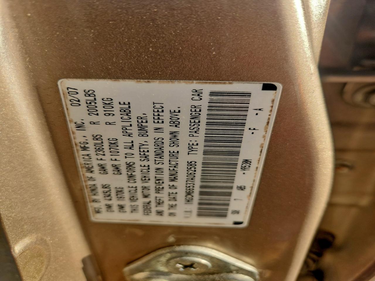 2007 Honda Accord Ex VIN: 1HGCM66537A062585 Lot: 93954065