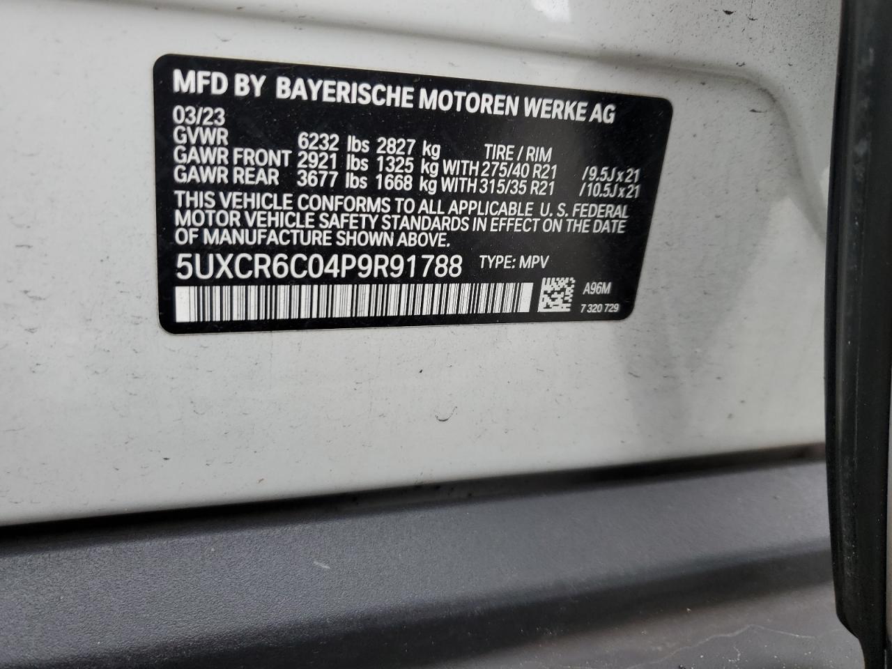 2023 BMW X5 xDrive40I VIN: 5UXCR6C04P9R91788 Lot: 93225205