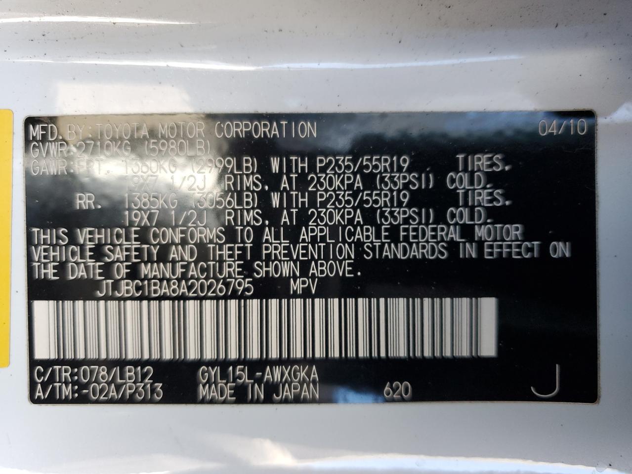 2010 Lexus Rx 450H VIN: JTJBC1BA8A2026795 Lot: 93313935