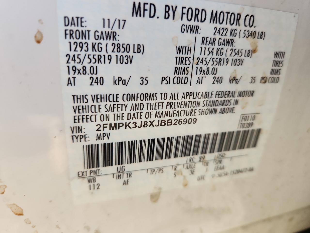 2018 Ford Edge Sel VIN: 2FMPK3J8XJBB26909 Lot: 90954515