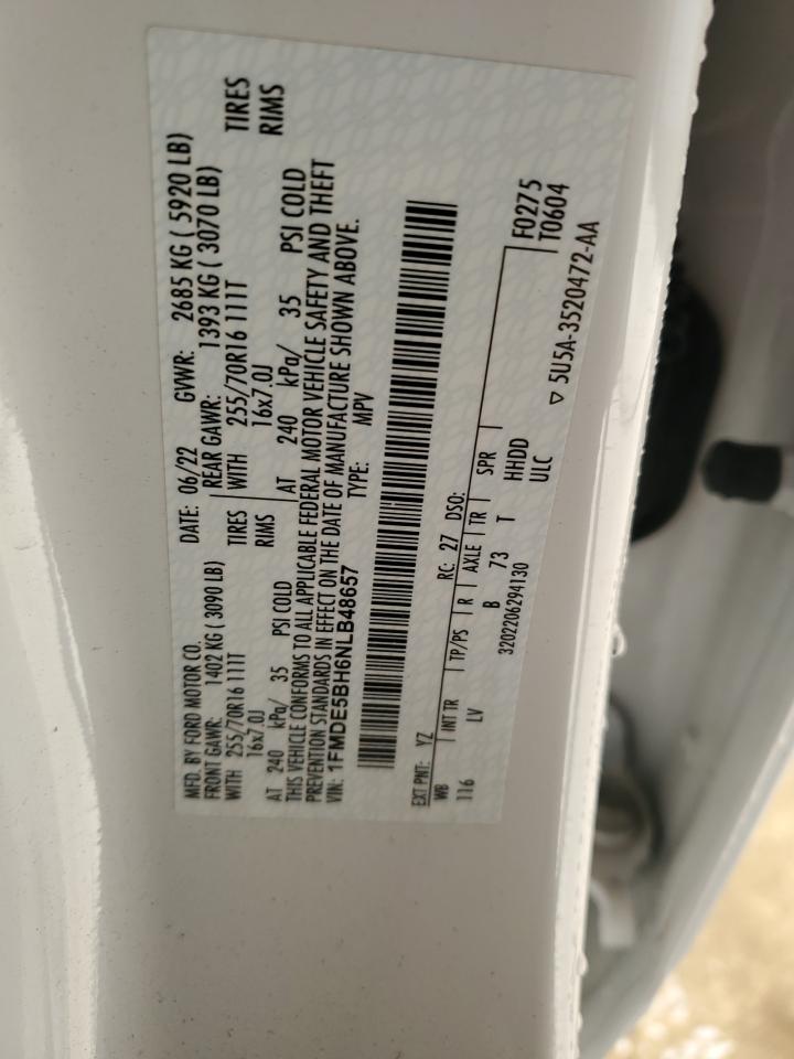 2022 Ford Bronco Base VIN: 1FMDE5BH6NLB48657 Lot: 92700065