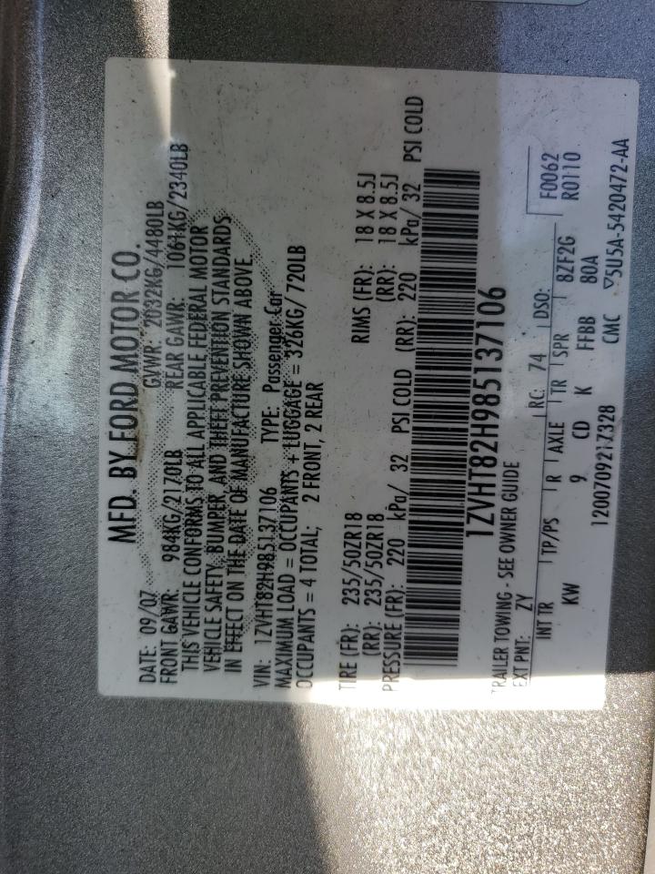 2008 Ford Mustang Gt VIN: 1ZVHT82H985137106 Lot: 92832635