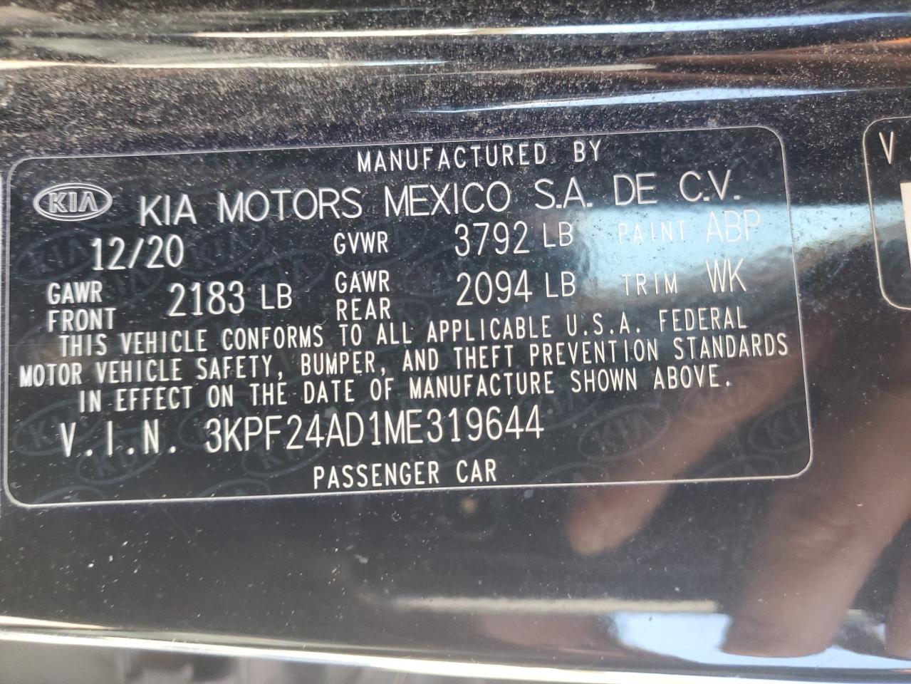 2021 Kia Forte Fe VIN: 3KPF24AD1ME319644 Lot: 90938925