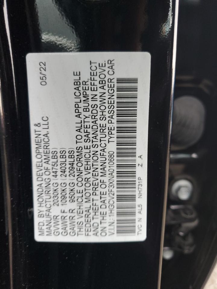 2022 Honda Accord Sport VIN: 1HGCV2F3XNA010680 Lot: 93415585