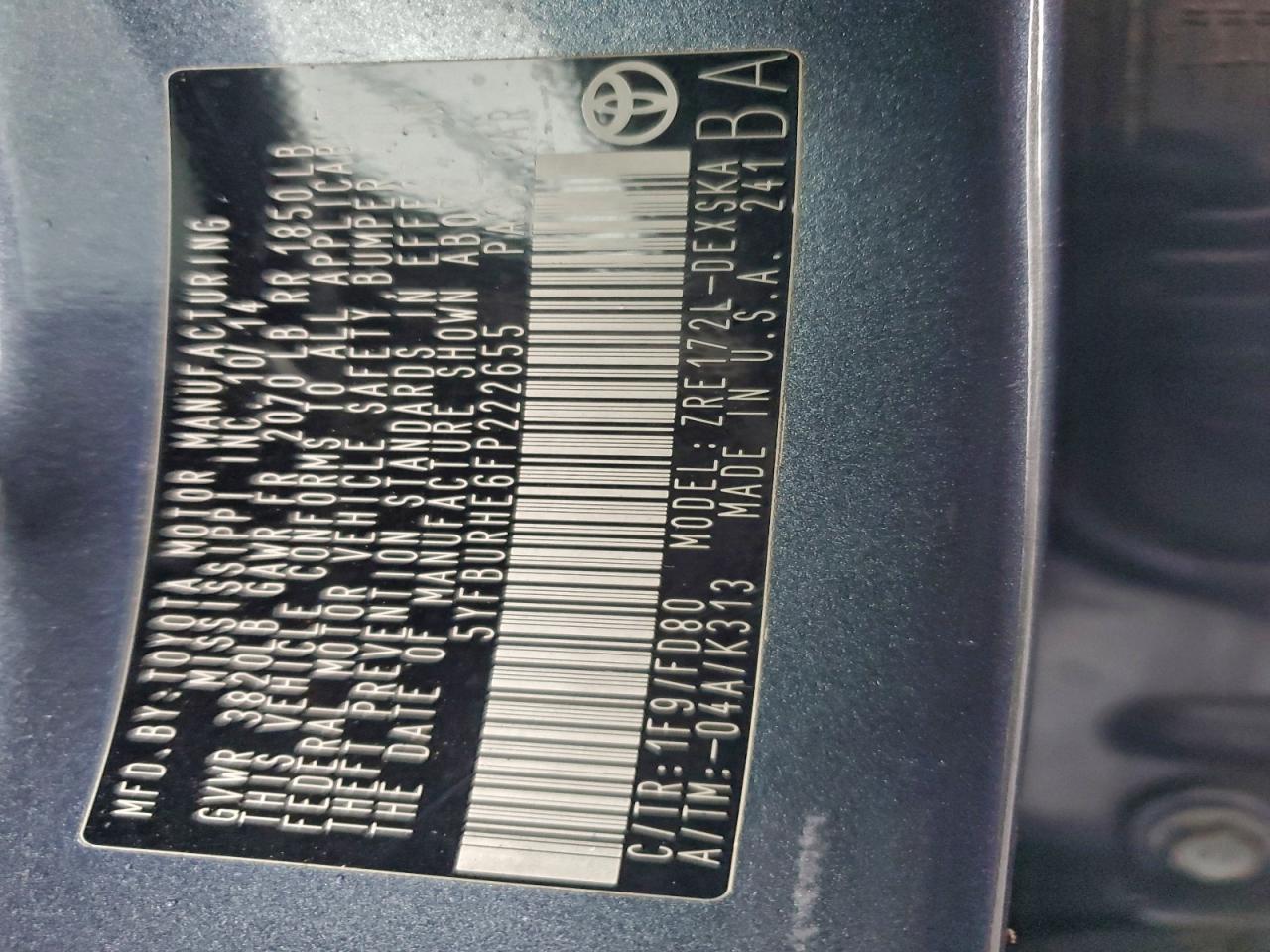 2015 Toyota Corolla L VIN: 5YFBURHE6FP222655 Lot: 82779875