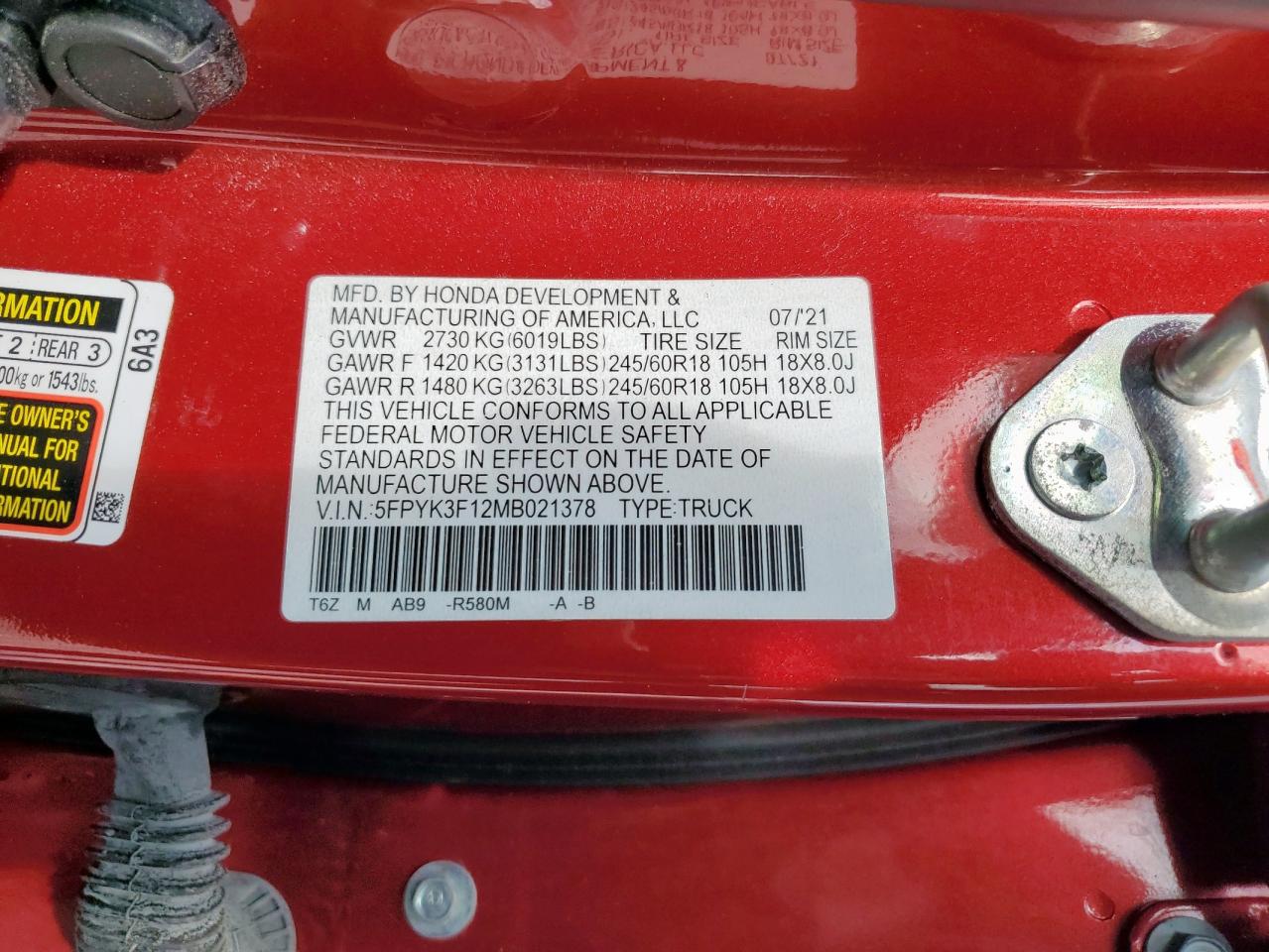 2021 Honda Ridgeline Sport VIN: 5FPYK3F12MB021378 Lot: 93522485