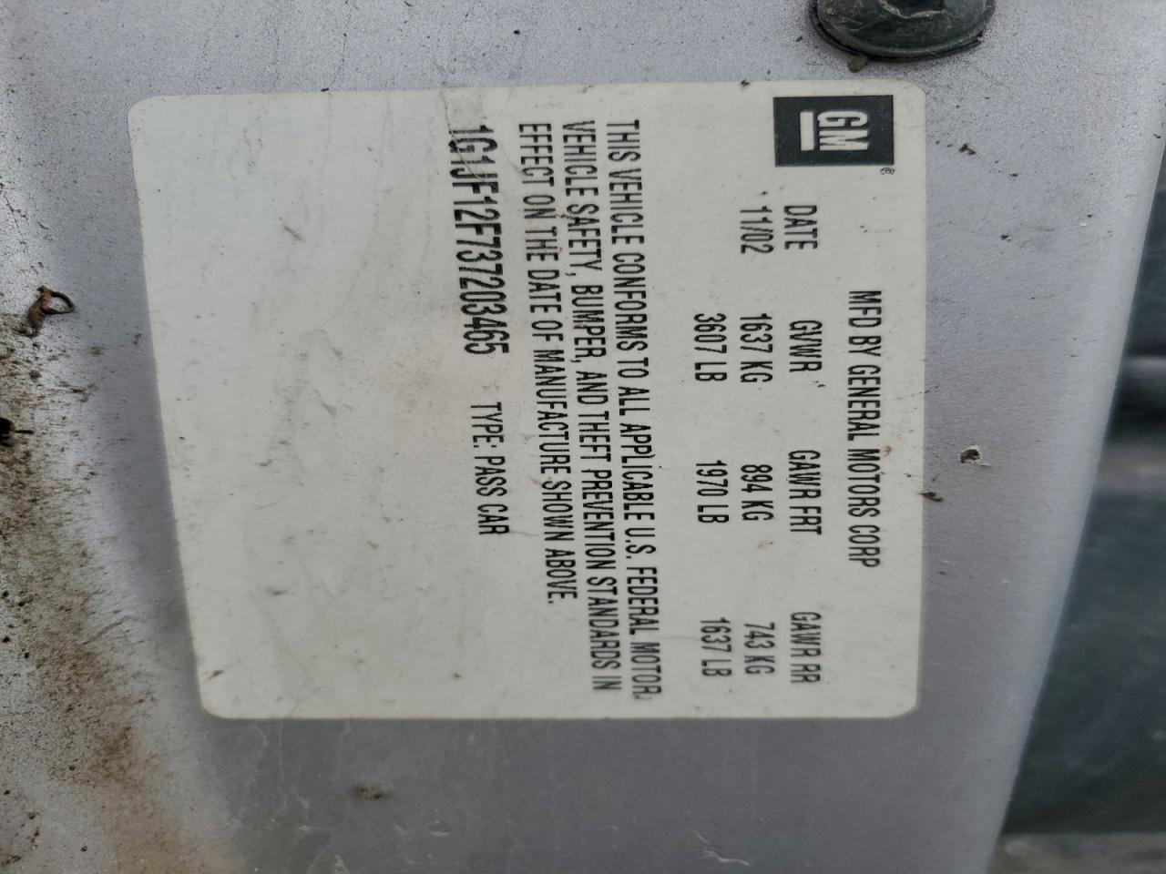 2003 Chevrolet Cavalier Ls VIN: 1G1JF12F737203465 Lot: 94319885