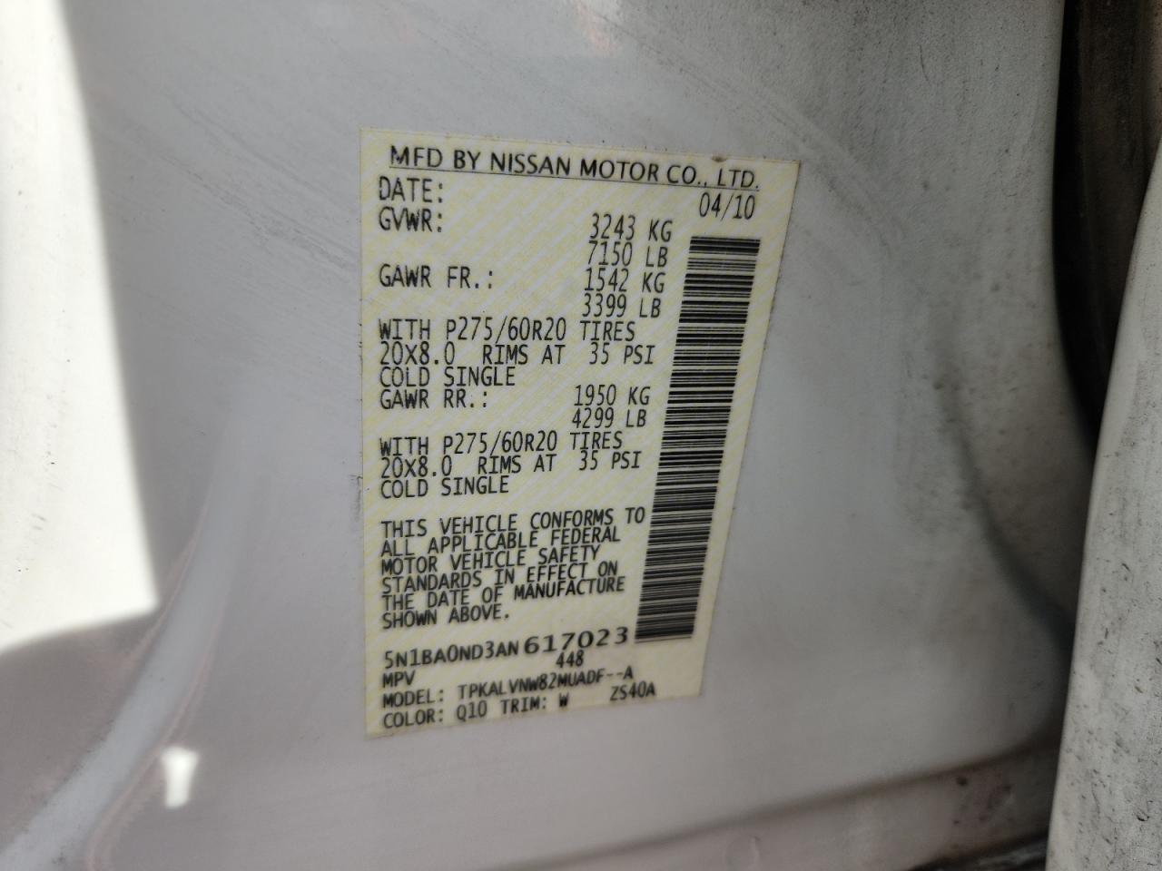 2010 Nissan Armada Se VIN: 5N1BA0ND3AN617023 Lot: 93211195