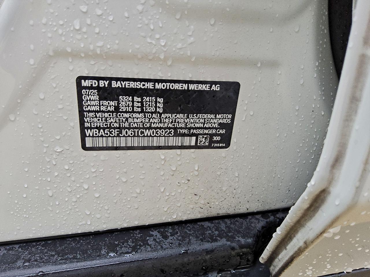 2026 BMW 530 Xi VIN: WBA53FJ06TCW03923 Lot: 94054785