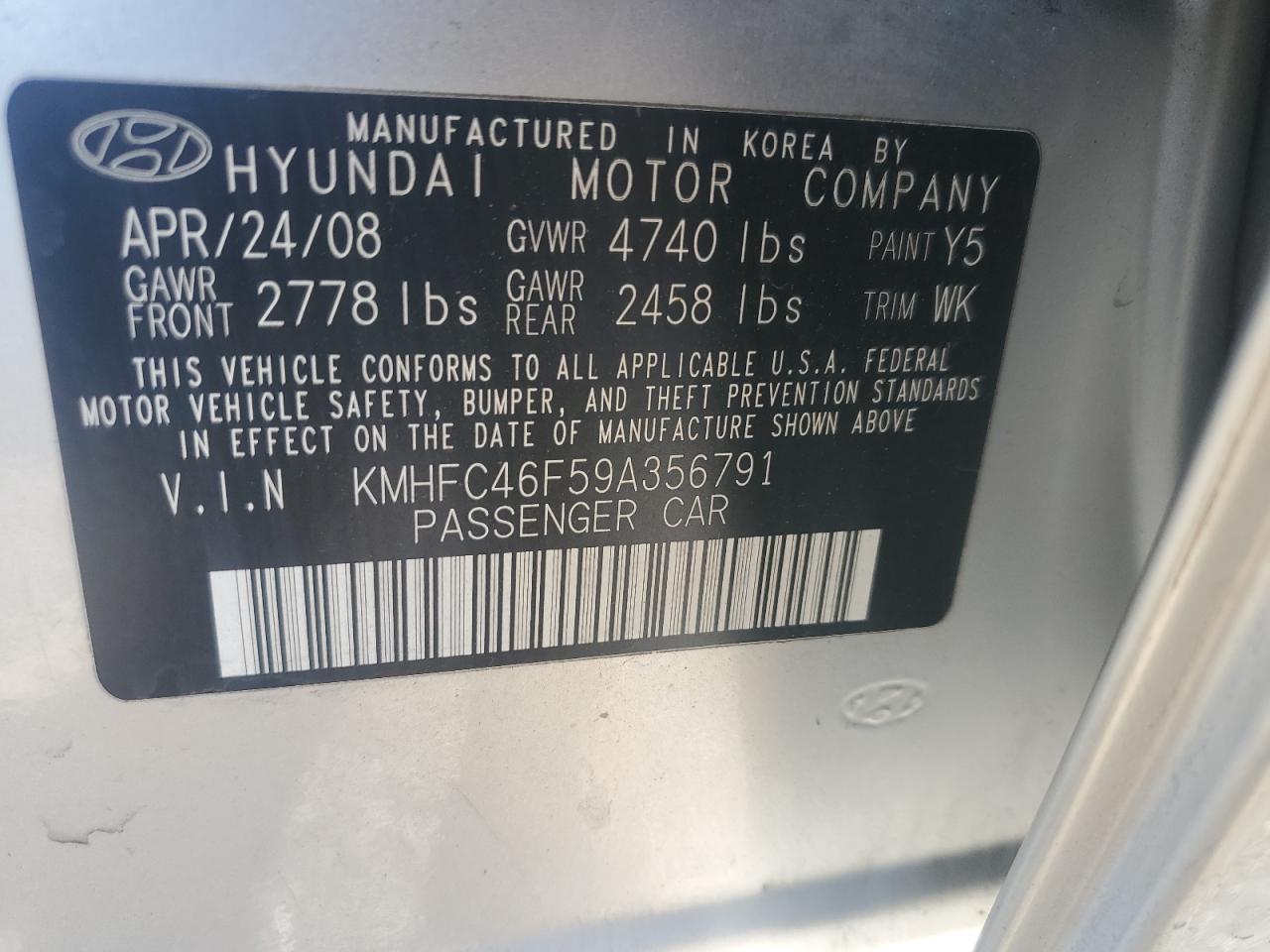 2009 Hyundai Azera Se VIN: KMHFC46F59A356791 Lot: 91681425