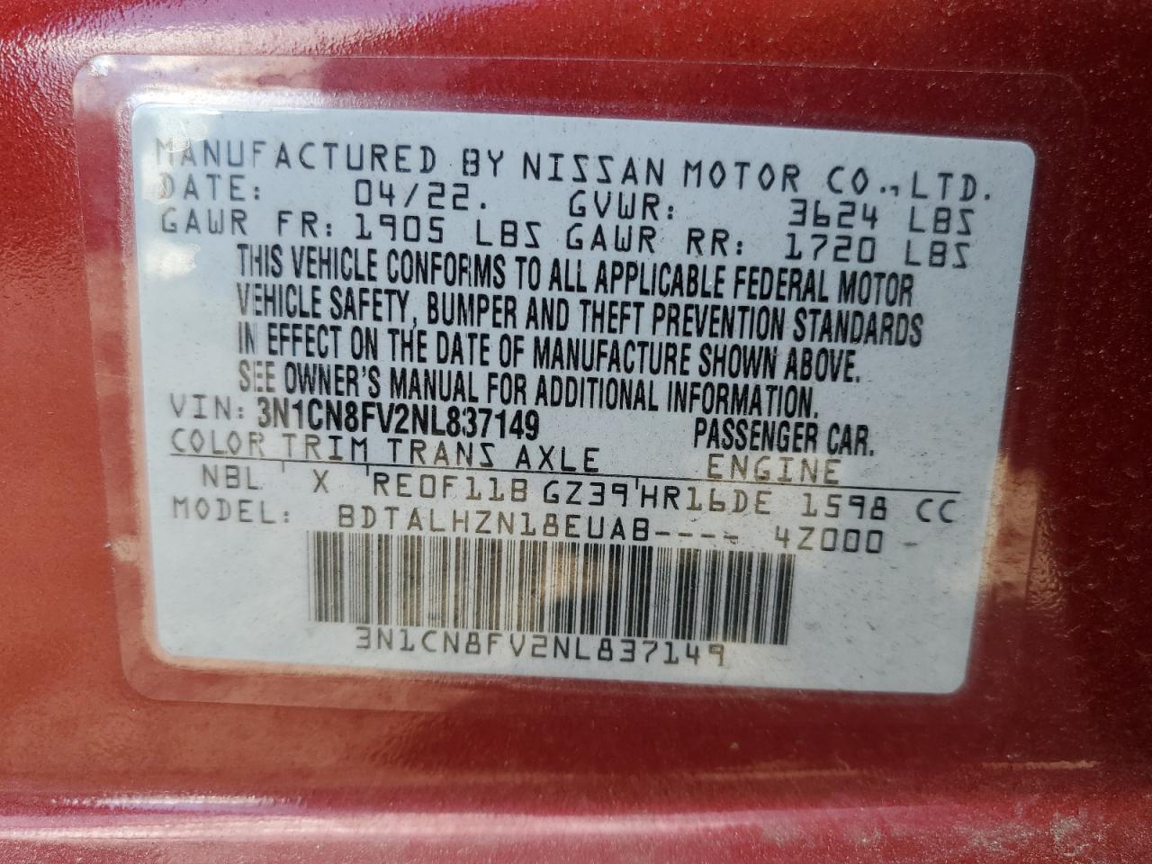 2022 Nissan Versa Sr VIN: 3N1CN8FV2NL837149 Lot: 91104735