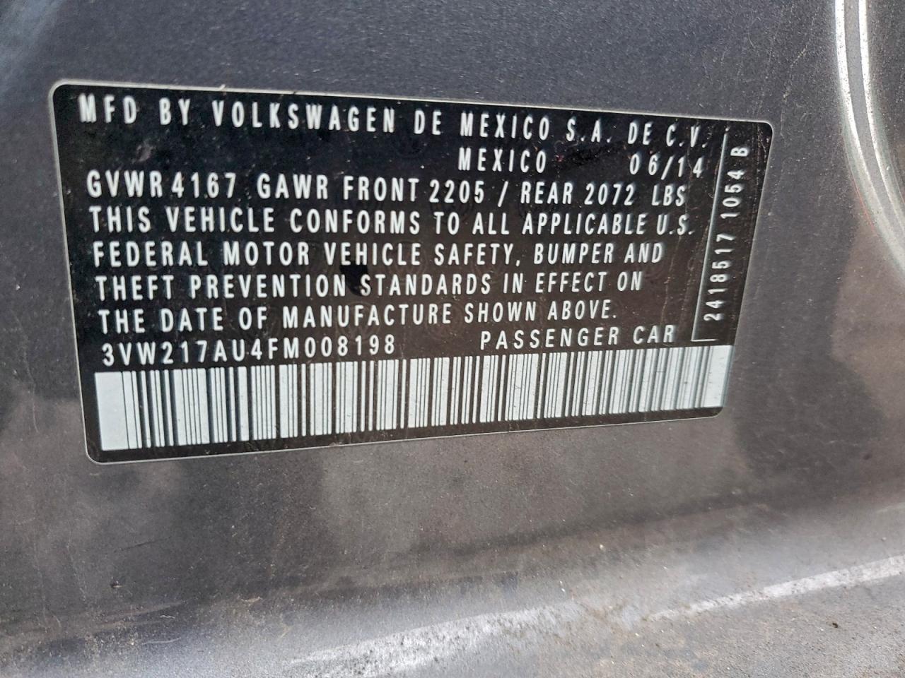 2015 Volkswagen Golf VIN: 3VW217AU4FM008198 Lot: 93325765