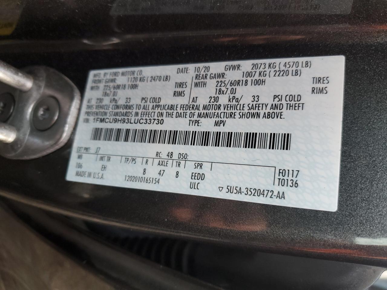 2020 Ford Escape Sel VIN: 1FMCU9H93LUC33730 Lot: 93097935