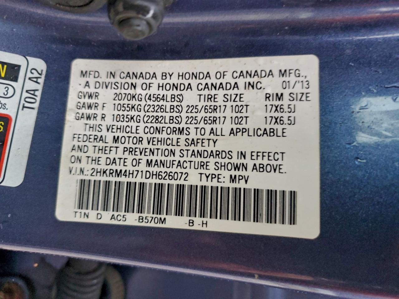 2013 Honda Cr-V Exl VIN: 2HKRM4H71DH626072 Lot: 94300285