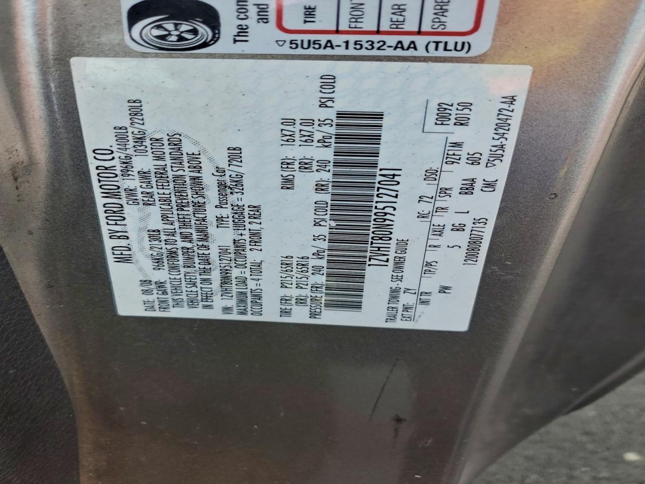 2009 Ford Mustang VIN: 1ZVHT80N995127041 Lot: 93972565