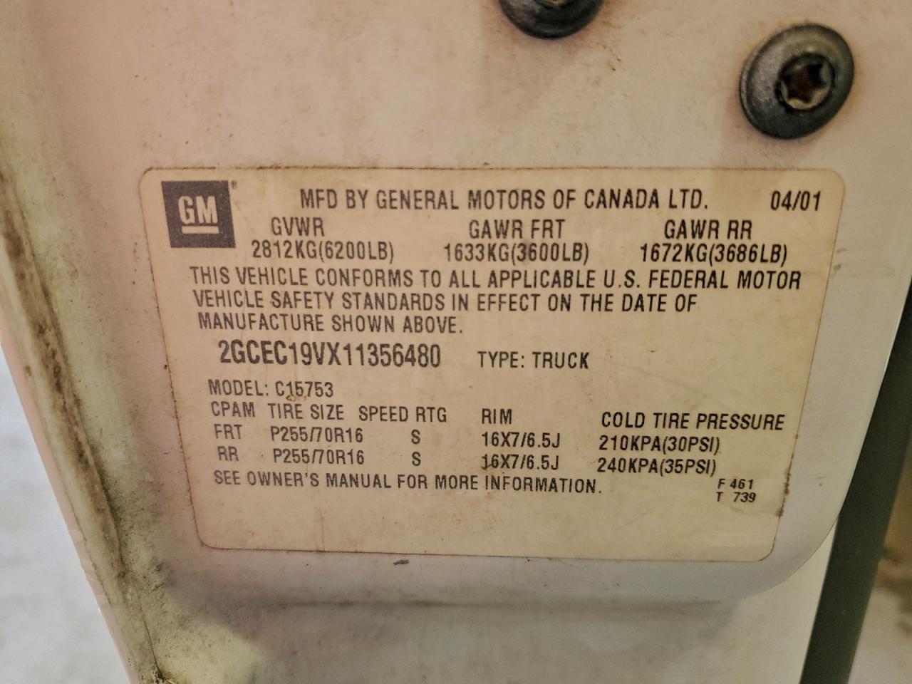 2001 Chevrolet Silverado C1500 VIN: 2GCEC19VX11356480 Lot: 93951605