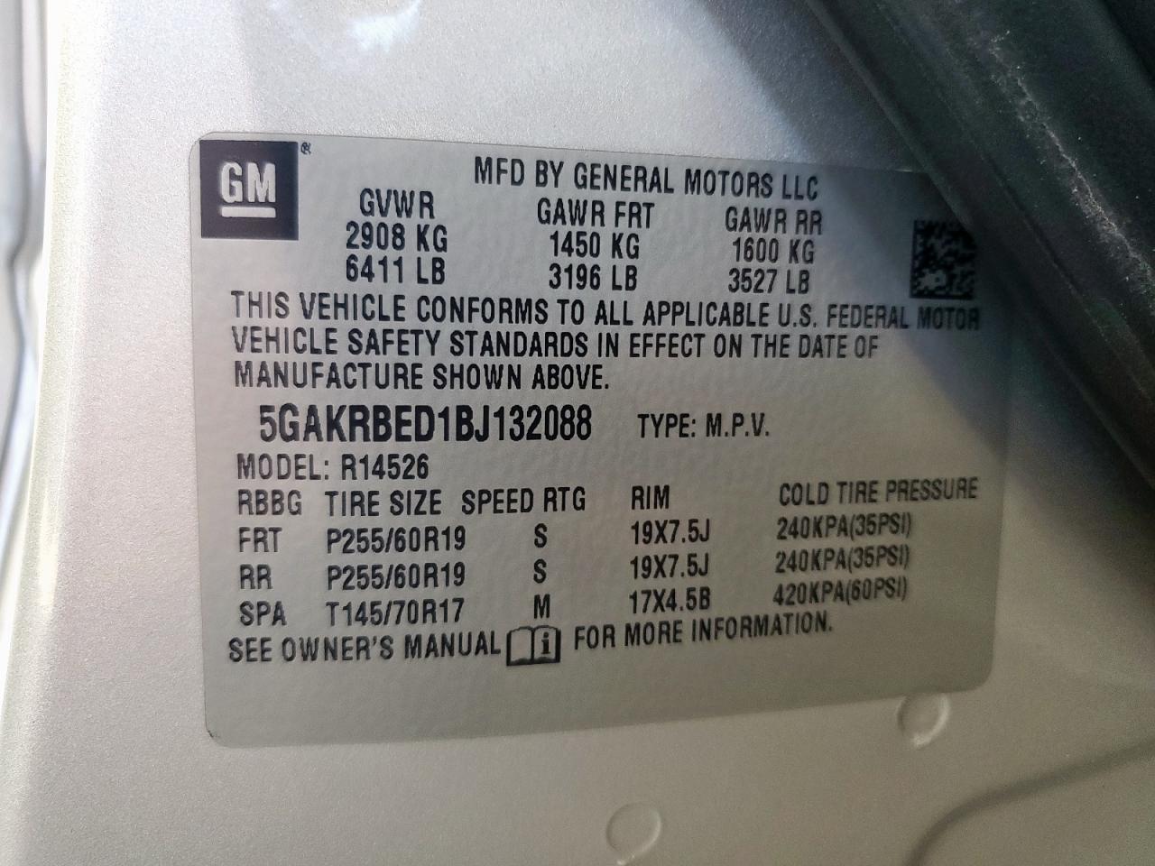 2011 Buick Enclave Cxl VIN: 5GAKRBED1BJ132088 Lot: 92403215