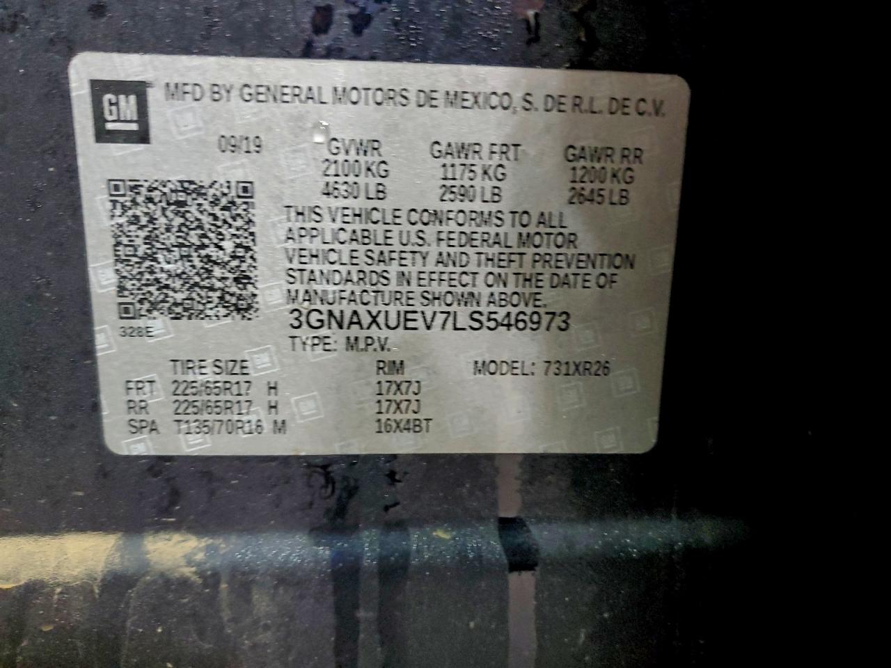 2020 Chevrolet Equinox Lt VIN: 3GNAXUEV7LS546973 Lot: 94240245