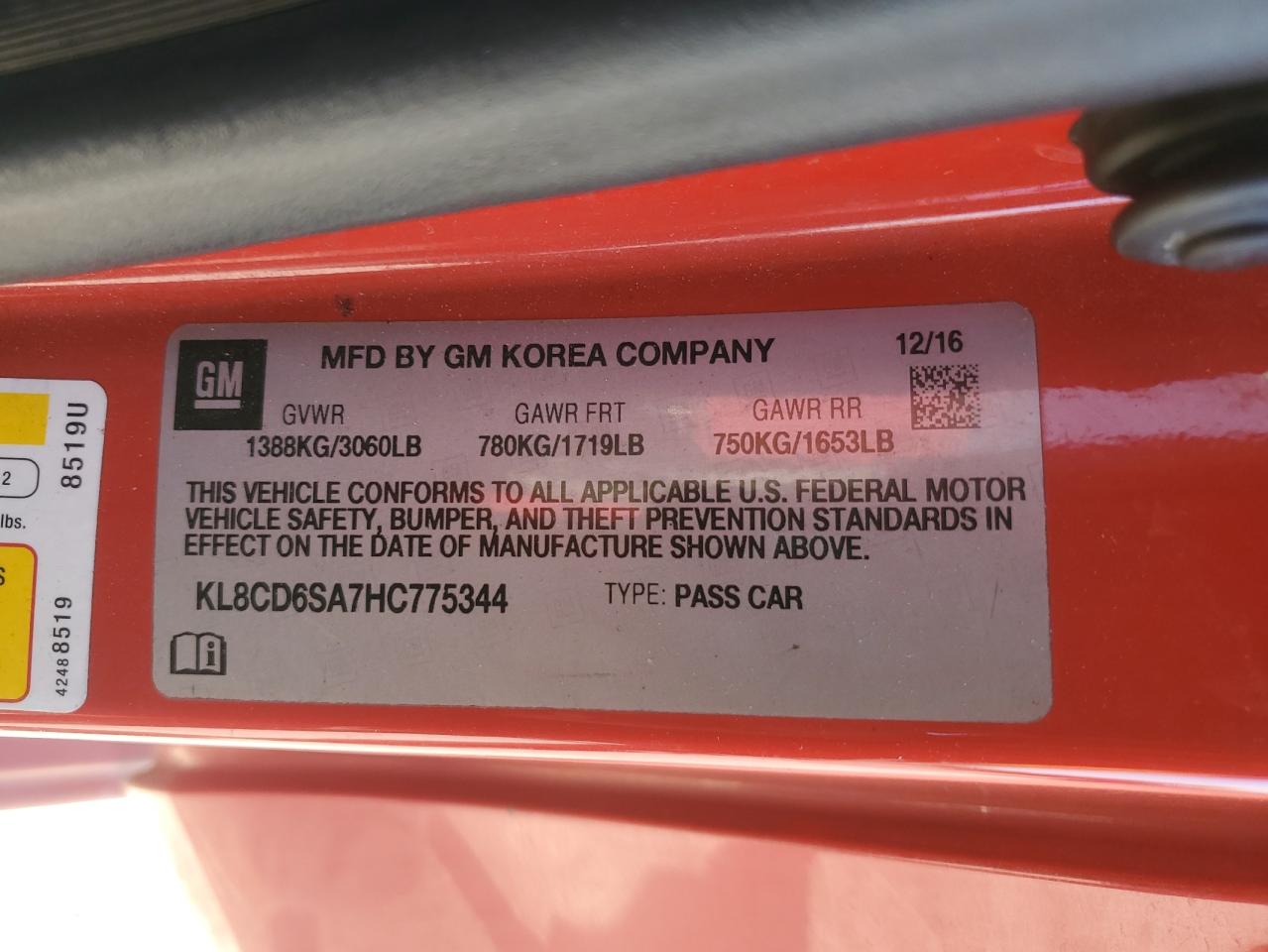 2017 Chevrolet Spark 1Lt VIN: KL8CD6SA7HC775344 Lot: 91810975