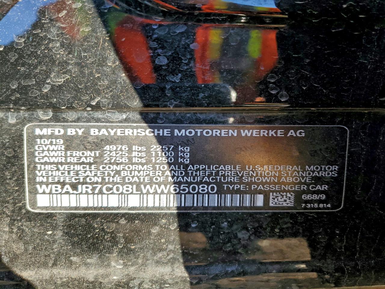 2020 BMW 530 Xi VIN: WBAJR7C08LWW65080 Lot: 93916995