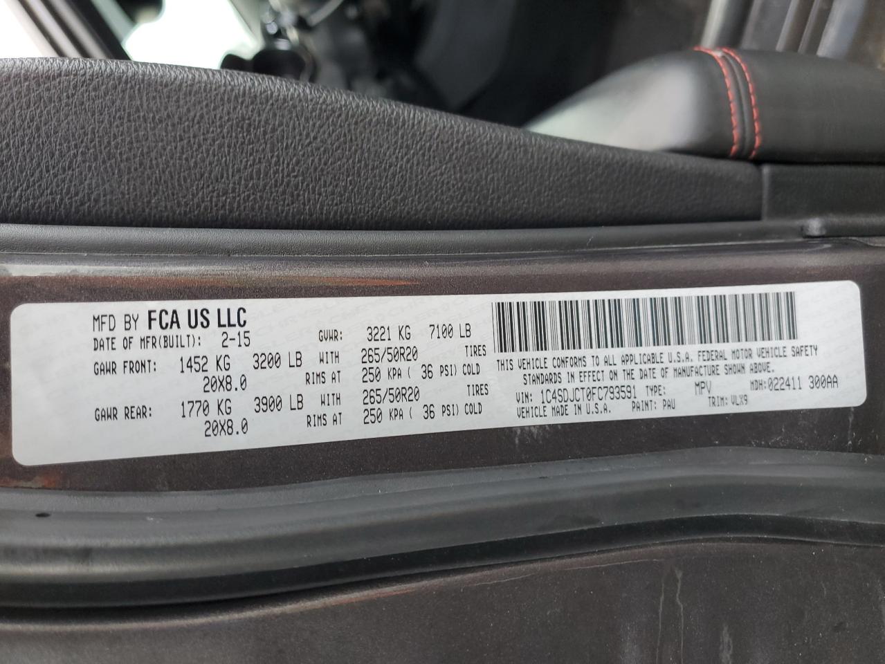 2015 Dodge Durango R/T VIN: 1C4SDJCT0FC793591 Lot: 92086595