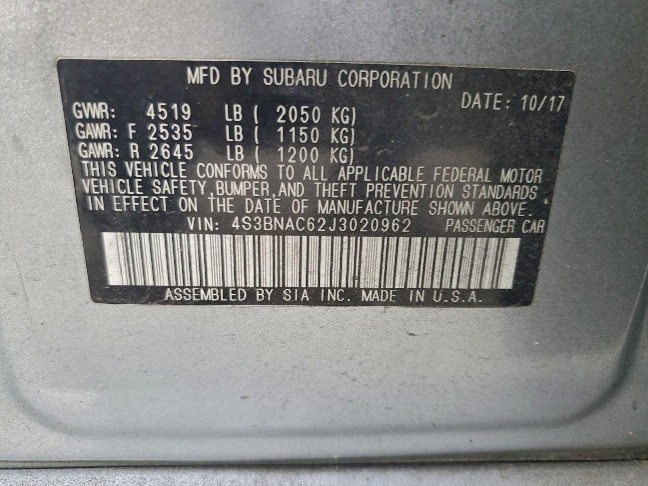 2018 Subaru Legacy 2.5I Premium VIN: 4S3BNAC62J3020962 Lot: 94382365