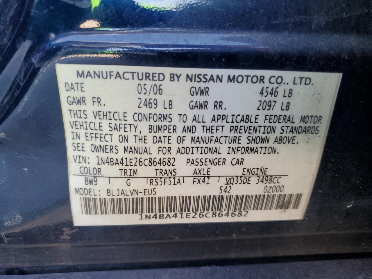 2006 Nissan Maxima Se VIN: 1N4BA41E26C864682 Lot: 91678475