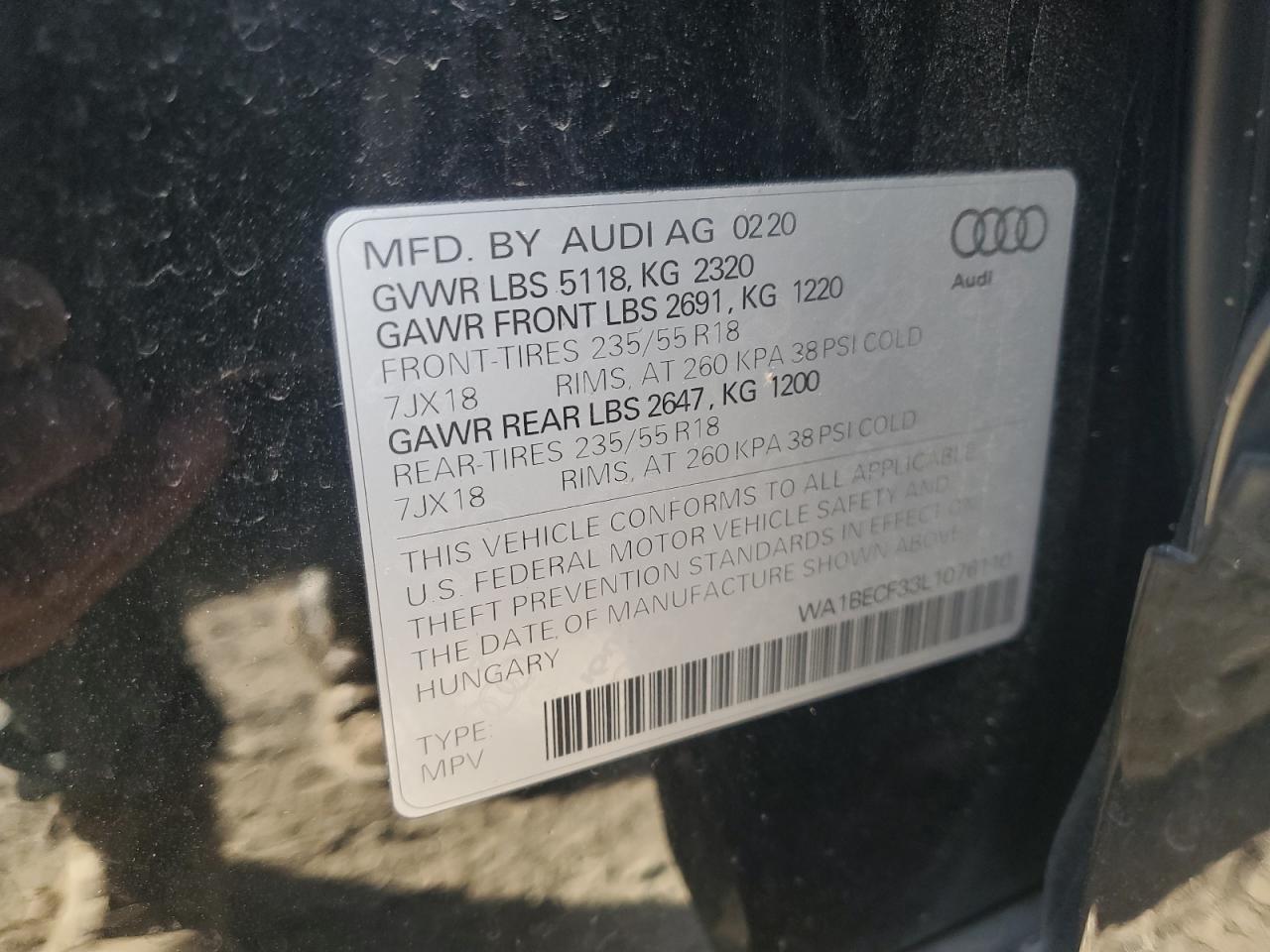 2020 Audi Q3 Premium Plus VIN: WA1BECF33L1076110 Lot: 93033495