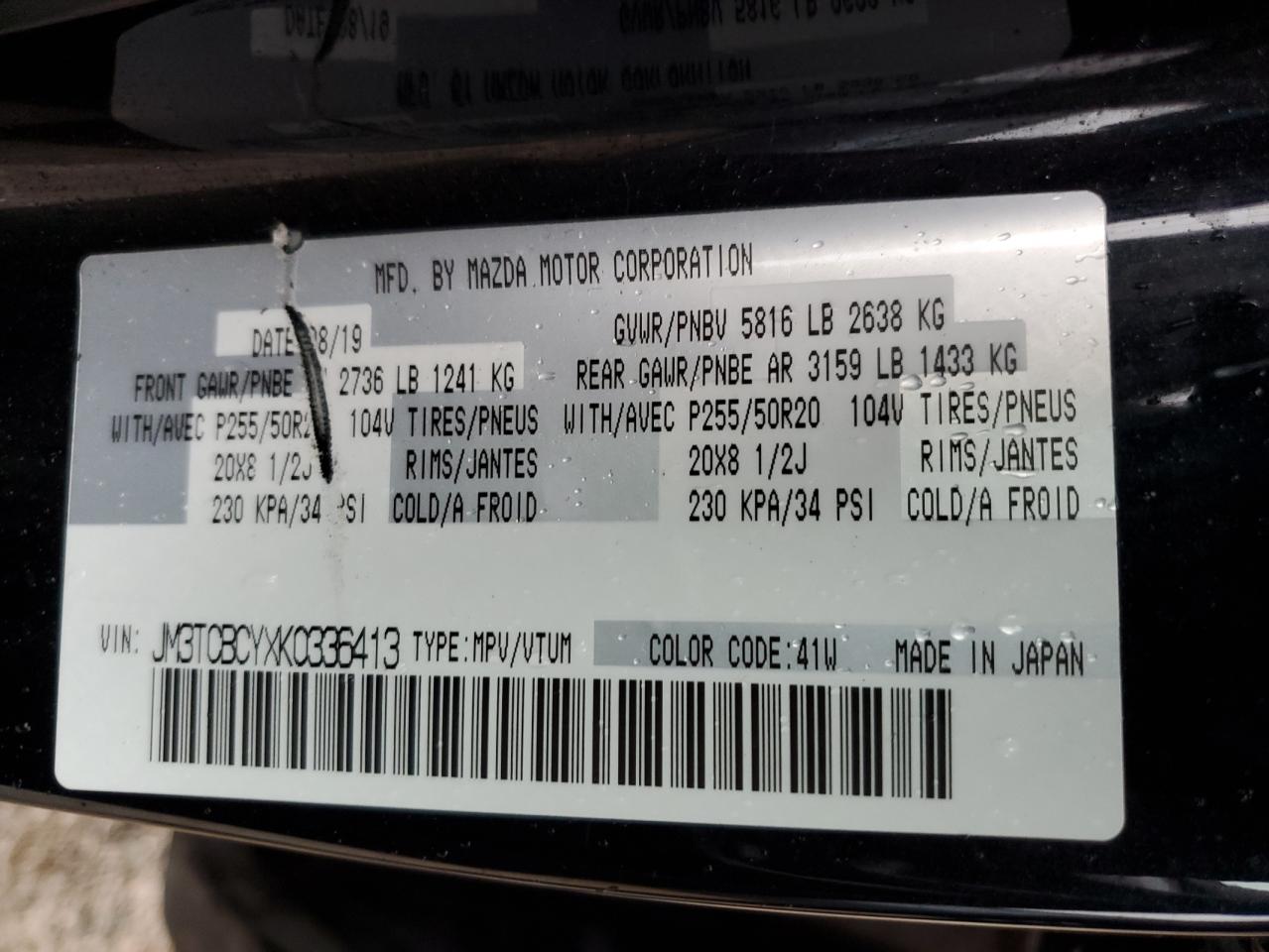 2019 Mazda Cx-9 Touring VIN: JM3TCBCYXK0336413 Lot: 92332225