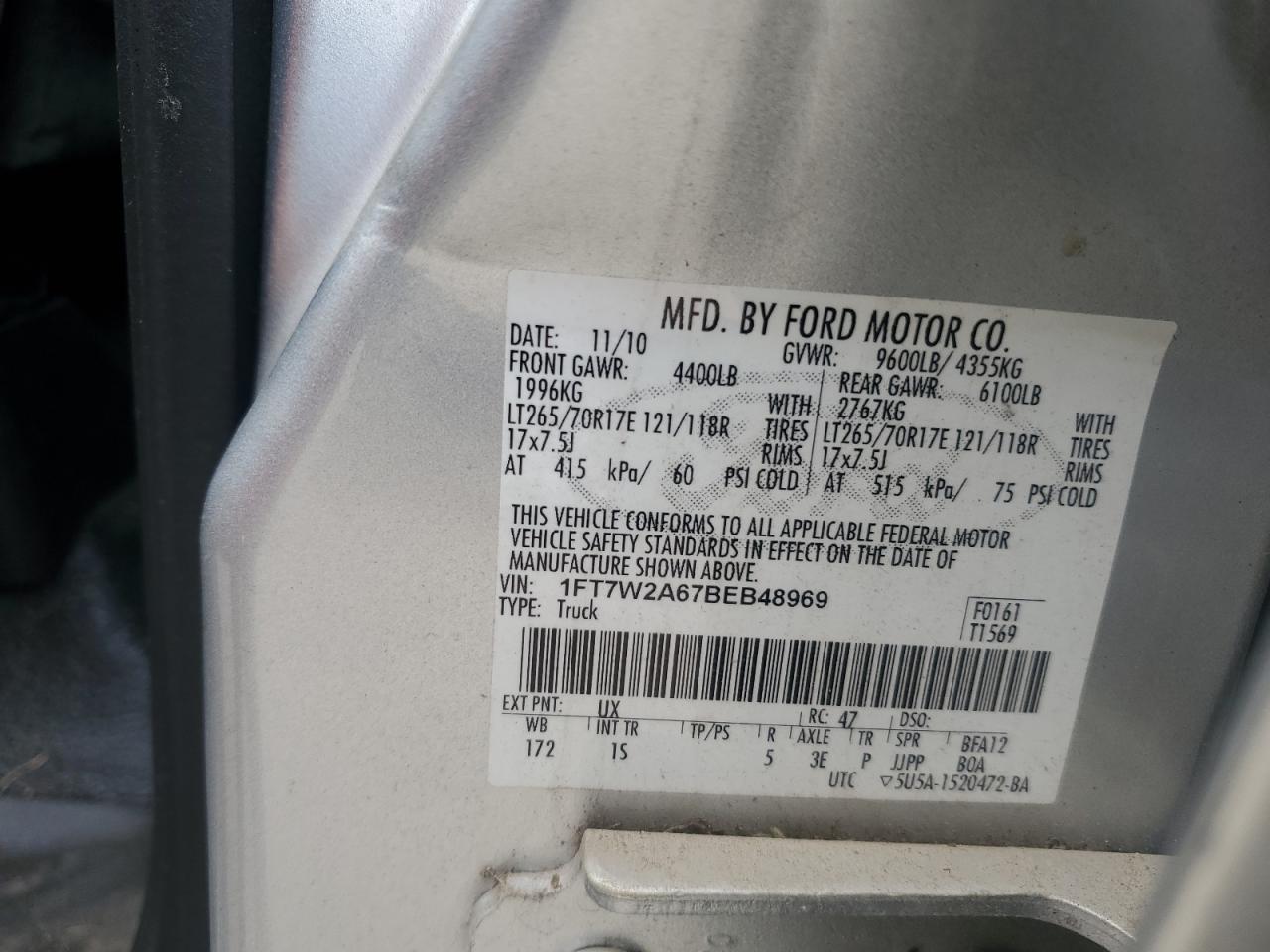 2011 Ford F250 Super Duty VIN: 1FT7W2A67BEB48969 Lot: 91614515