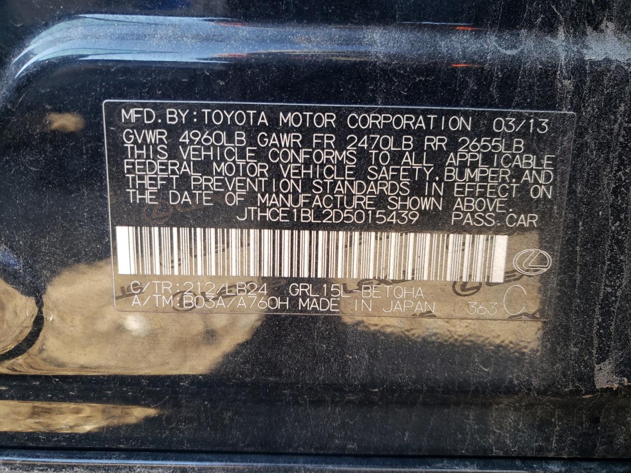 2013 Lexus Gs 350 VIN: JTHCE1BL2D5015439 Lot: 92189975