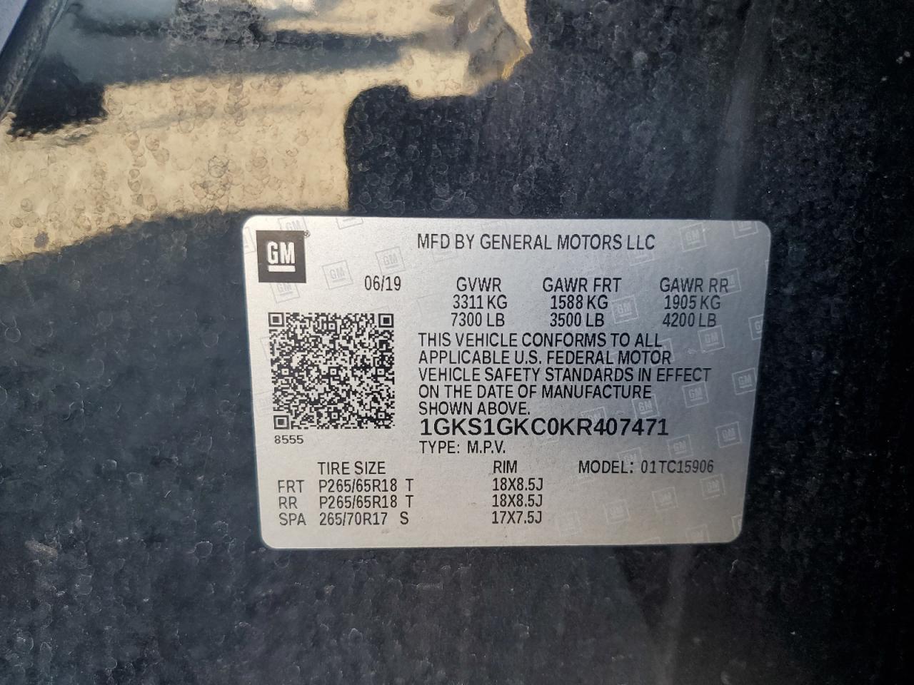 2019 GMC Yukon Xl C1500 Slt VIN: 1GKS1GKC0KR407471 Lot: 92951305