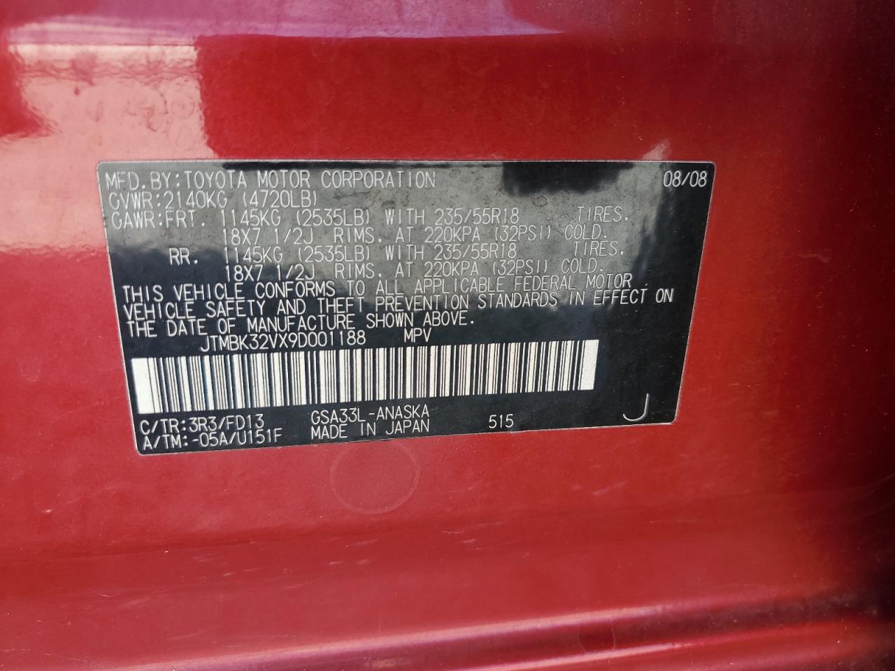 2009 Toyota Rav4 Sport VIN: JTMBK32VX9D001188 Lot: 92007045