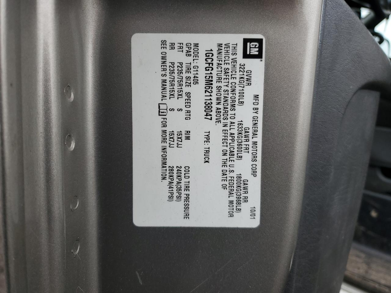 2002 Chevrolet Express G1500 VIN: 1GCFG15M621138047 Lot: 93784465