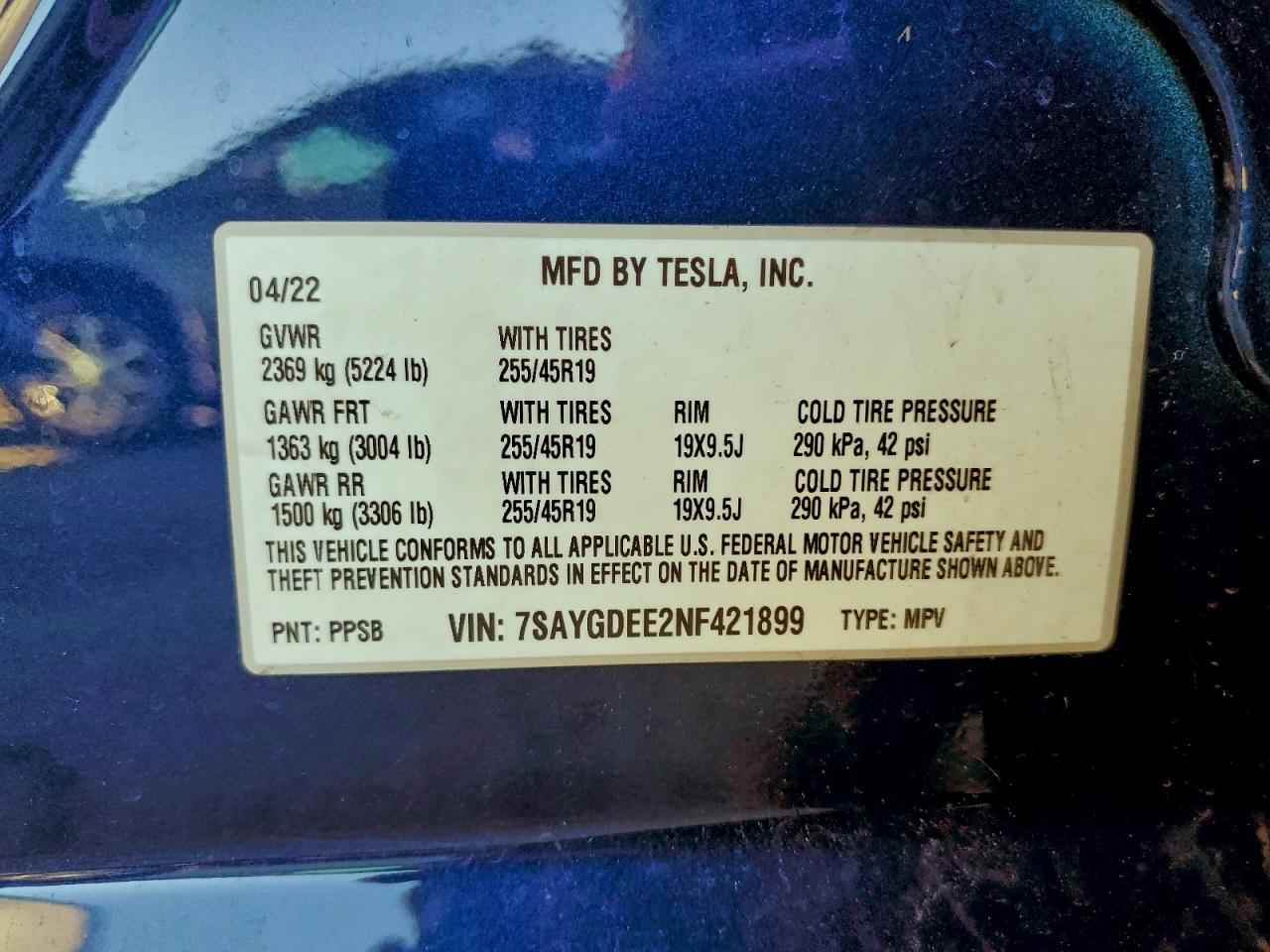 2022 Tesla Model Y VIN: 7SAYGDEE2NF421899 Lot: 92754255