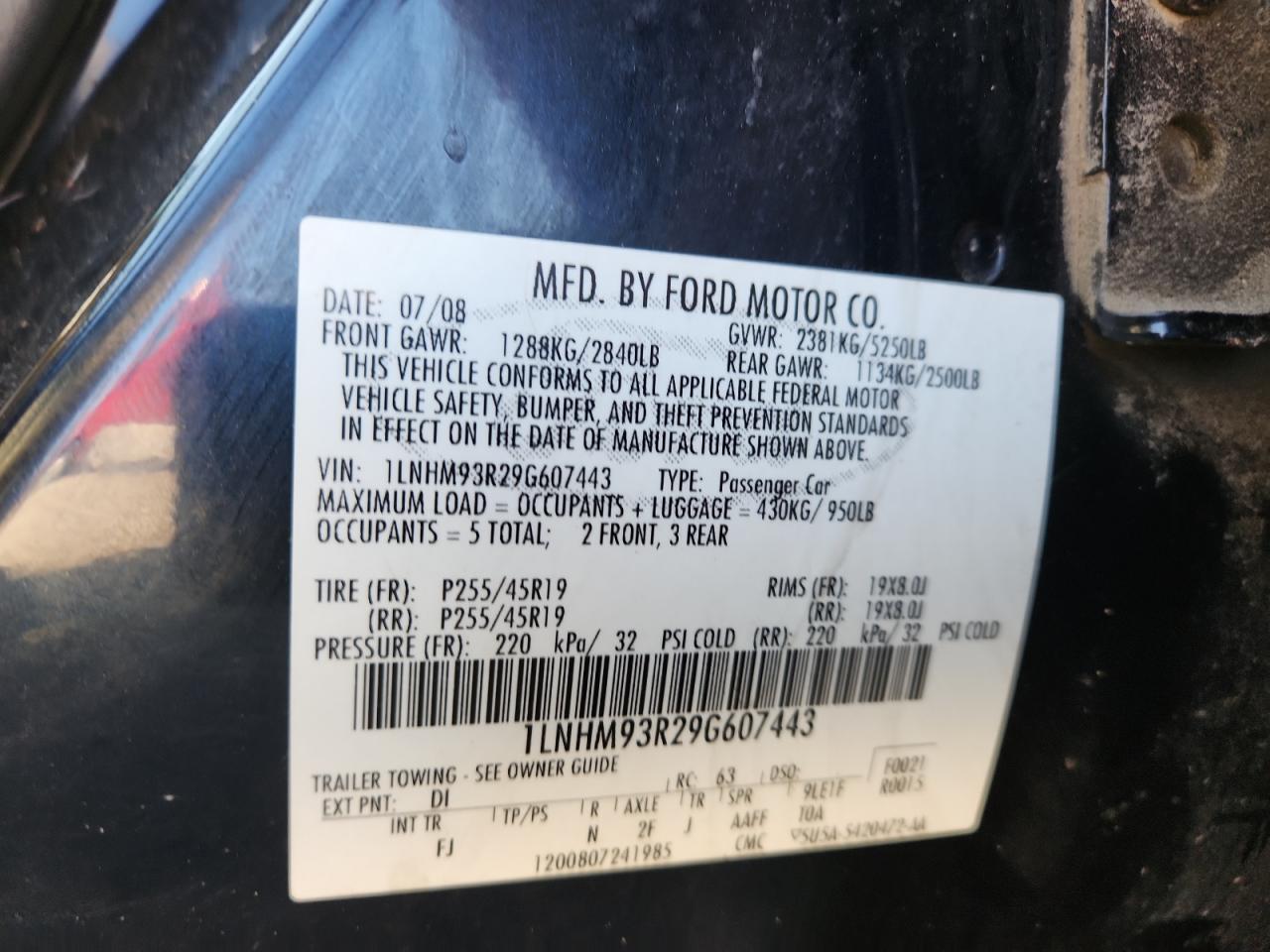 2009 Lincoln Mks VIN: 1LNHM93R29G607443 Lot: 92263415