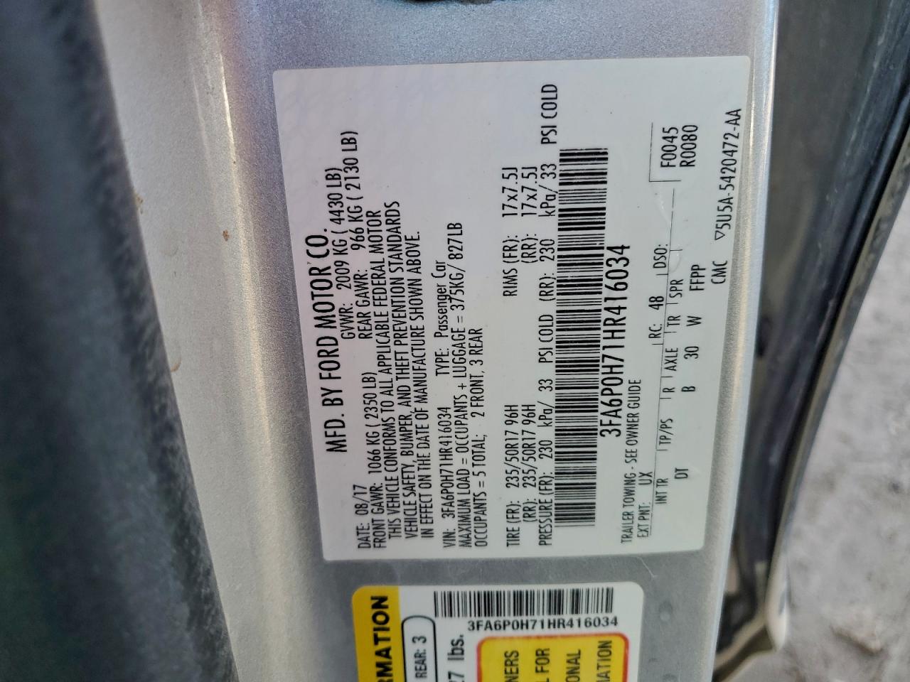 2017 Ford Fusion Se VIN: 3FA6P0H71HR416034 Lot: 94486215