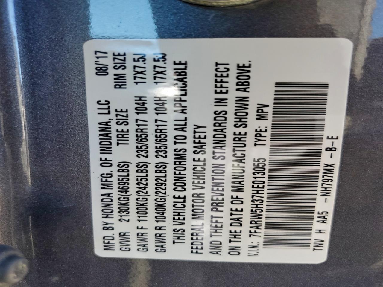 2017 Honda Cr-V Lx VIN: 7FARW5H37HE013055 Lot: 92400305